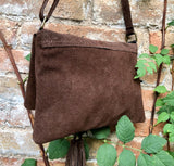 Brown suede crossbody bag.Boho leather bag in dark brown genuine suede leather.Messenger bag with flap, zipper and tassel. Brown suede purse