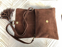 Brown suede crossbody bag.Boho leather bag in dark brown genuine suede leather.Messenger bag with flap, zipper and tassel. Brown suede purse