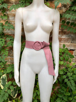 Raspberry pink leather waist belt with large round buckle. Soft leather belt in pink. Genuine leather pink dress belt. Pink wide waist belt