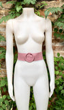 Raspberry pink leather waist belt with large round buckle. Soft leather belt in pink. Genuine leather pink dress belt. Pink wide waist belt