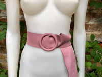 Raspberry pink leather waist belt with large round buckle. Soft leather belt in pink. Genuine leather pink dress belt. Pink wide waist belt