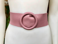 Raspberry pink leather waist belt with large round buckle. Soft leather belt in pink. Genuine leather pink dress belt. Pink wide waist belt