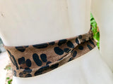 CHEETAH print suede OBI belt.Wrap belt in natural brown + black suede. Genuine leather panther waist belt. Animal print wraparound boho belt