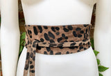 CHEETAH print suede OBI belt.Wrap belt in natural brown + black suede. Genuine leather panther waist belt. Animal print wraparound boho belt