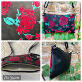 2 sided small BLACK leather bag. Red roses flock print. Crossbody / shoulder bag in GENUINE leather. Black and red leather purse