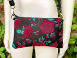 2 sided small BLACK leather bag. Red roses flock print. Crossbody / shoulder bag in GENUINE leather. Black and red leather purse