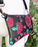 2 sided small BLACK leather bag. Red roses flock print. Crossbody / shoulder bag in GENUINE leather. Black and red leather purse