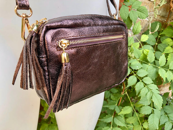 Metallic maroon small leather bag. GENUINE leather shoulder / crossbody bag. Metallic shine dark brown-purple leather bag, adjustable strap.