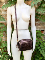 Metallic maroon small leather bag. GENUINE leather shoulder / crossbody bag. Metallic shine dark brown-purple leather bag, adjustable strap.