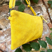 Suede leather bag in yellow. Genuine leather cross body / shoulder bag. Small boho party messenger bag with zipper.Bright yellow suede purse