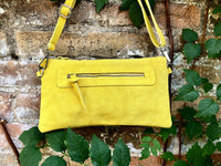 Suede leather bag in yellow. Genuine leather cross body / shoulder bag. Small boho party messenger bag with zipper.Bright yellow suede purse