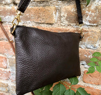 Small leather bag in dark brown. GENUINE leather crossbody / shoulder bag.Brown leather bag with GOLD hardware. Chocolate brown purse