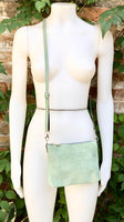 Suede leather bag in light mint green. Sage crossbody / shoulder bag in GENUINE leather. Small aqua green bag. Adjustable strap + zipper.