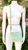 Suede leather bag in light mint green. Sage crossbody / shoulder bag in GENUINE leather. Small aqua green bag. Adjustable strap + zipper.