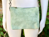 Suede leather bag in light mint green. Sage crossbody / shoulder bag in GENUINE leather. Small aqua green bag. Adjustable strap + zipper.