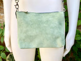 Suede leather bag in light mint green. Sage crossbody / shoulder bag in GENUINE leather. Small aqua green bag. Adjustable strap + zipper.