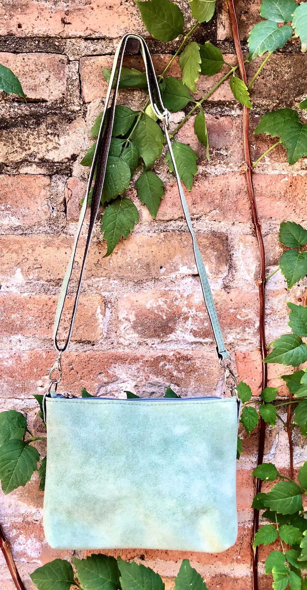 Suede leather bag in light mint -sage green. Sage crossbody / shoulder bag in GENUINE leather. Small l green bag. Adjustable strap + zipper.
