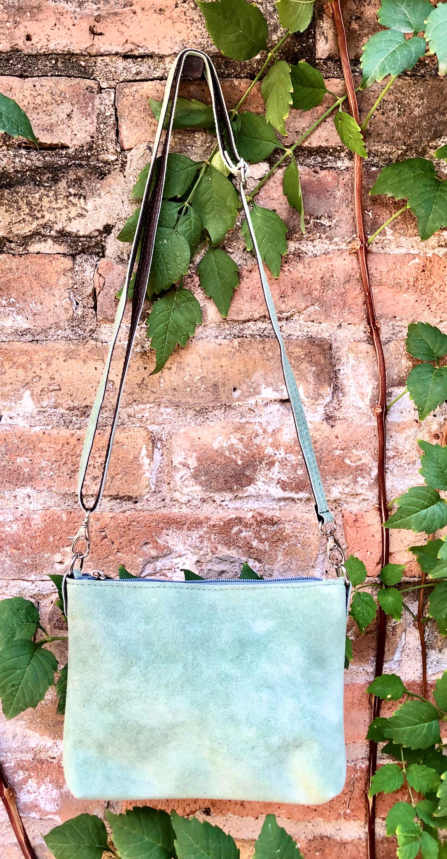 Suede leather bag in light mint -sage green. Sage crossbody / shoulder bag in GENUINE leather. Small l green bag. Adjustable strap + zipper.