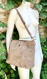 Taupe brown suede leather bag. Boho messenger bag. GENUINE LEATHER. Crossbody / shoulder bag. Light brown suede leather purse with zipper