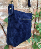 Navy blue suede crossbody / shoulder bag. Dark blue boho genuine leather bag. Soft natural suede leather bag with tassels.Navy suede purse.