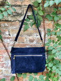 Navy blue suede crossbody / shoulder bag. Dark blue boho genuine leather bag. Soft natural suede leather bag with tassels.Navy suede purse.