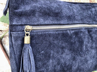 Navy blue suede crossbody / shoulder bag. Dark blue boho genuine leather bag. Soft natural suede leather bag with tassels.Navy suede purse.