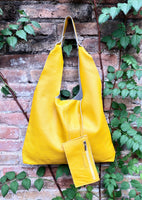 Shoulder leather bag in yellow. Genuine leather shopper in green. Soft natural leather Carry all bag for your laptop, books...Yellow purse