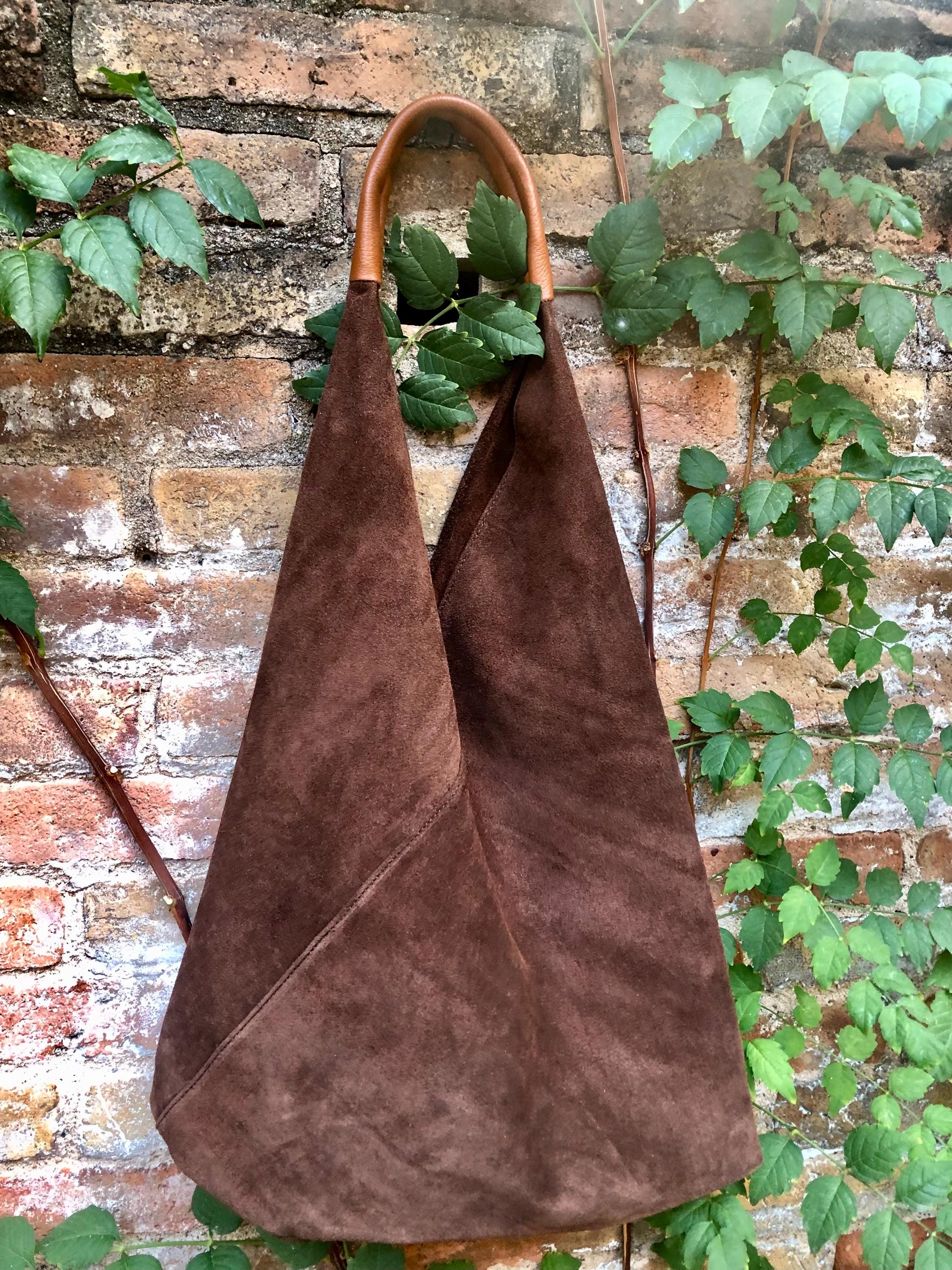 Slouch leather bag in dark brown suede. Genuine leather shoulder bag. Origami bag + camel brown leather accent. Large shopper. Brown purse