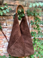 Slouch leather bag in dark brown suede. Genuine leather shoulder bag. Origami bag + camel brown leather accent. Large shopper. Brown purse