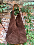 Slouch leather bag in dark brown suede. Genuine leather shoulder bag. Origami bag + camel brown leather accent. Large shopper. Brown purse