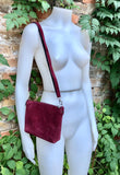 Small burgundy suede crossbody / shoulder bag. Genuine leather. Small burgundy suede purse. Wine red suede bag, dark red suede purse.