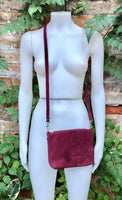 Small burgundy suede crossbody / shoulder bag. Genuine leather. Small burgundy suede purse. Wine red suede bag, dark red suede purse.