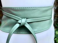 SAGE green wrap belt in soft leather. LONGER option. Waist, dress or wraparound belt in mint green genuine leather. Light green obi belt.