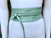 SAGE green wrap belt in soft leather. LONGER option. Waist, dress or wraparound belt in mint green genuine leather. Light green obi belt.