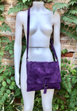 Suede bag in PURPLE. Soft genuine suede leather shoulder / messenger bag.Aubergine suede purse. Eggplant color suede crossbody.Flap + zipper