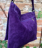 Suede bag in PURPLE. Soft genuine suede leather shoulder / messenger bag.Aubergine suede purse. Eggplant color suede crossbody.Flap + zipper