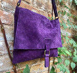 Suede bag in PURPLE. Soft genuine suede leather shoulder / messenger bag.Aubergine suede purse. Eggplant color suede crossbody.Flap + zipper