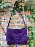 Suede bag in PURPLE. Soft genuine suede leather shoulder / messenger bag.Aubergine suede purse. Eggplant color suede crossbody.Flap + zipper