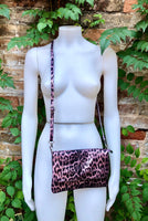 Cheetah print metallic pink small leather bag. GENUINE leather. Leopard print shoulder / crossbody bag. Pink leopard animal print purse.