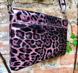 Cheetah print metallic pink small leather bag. GENUINE leather. Leopard print shoulder / crossbody bag. Pink leopard animal print purse.