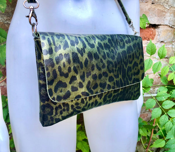 Cheetah print metallic green small leather bag. GENUINE leather. Leopard print shoulder / crossbody bag. Green leopard animal print purse.