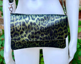 Cheetah print metallic green small leather bag. GENUINE leather. Leopard print shoulder / crossbody bag. Green leopard animal print purse.