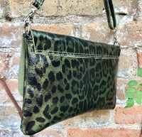 Cheetah print metallic green small leather bag. GENUINE leather. Leopard print shoulder / crossbody bag. Green leopard animal print purse.