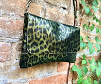 Cheetah print metallic green small leather bag. GENUINE leather. Leopard print shoulder / crossbody bag. Green leopard animal print purse.