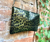 Cheetah print metallic green small leather bag. GENUINE leather. Leopard print shoulder / crossbody bag. Green leopard animal print purse.