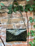 Cheetah print metallic green small leather bag. GENUINE leather. Leopard print shoulder / crossbody bag. Green leopard animal print purse.