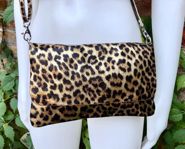 Cheetah print metallic gold small leather bag. GENUINE leather. Leopard print shoulder / crossbody bag. Gold leopard animal print purse.