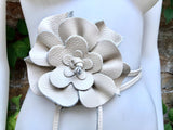 Flower leather belt in cream color. Waist, overall or dress belt. Genuine leather. Broken white rose belt. Large beige flower.