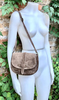 Light BROWN suede bag. Genuine leather taupe crossbody bag. Greyge small leather bag. Adjustable strap + zipper. Tan brown suede purse.