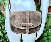 Light BROWN suede bag. Genuine leather taupe crossbody bag. Greyge small leather bag. Adjustable strap + zipper. Tan brown suede purse.